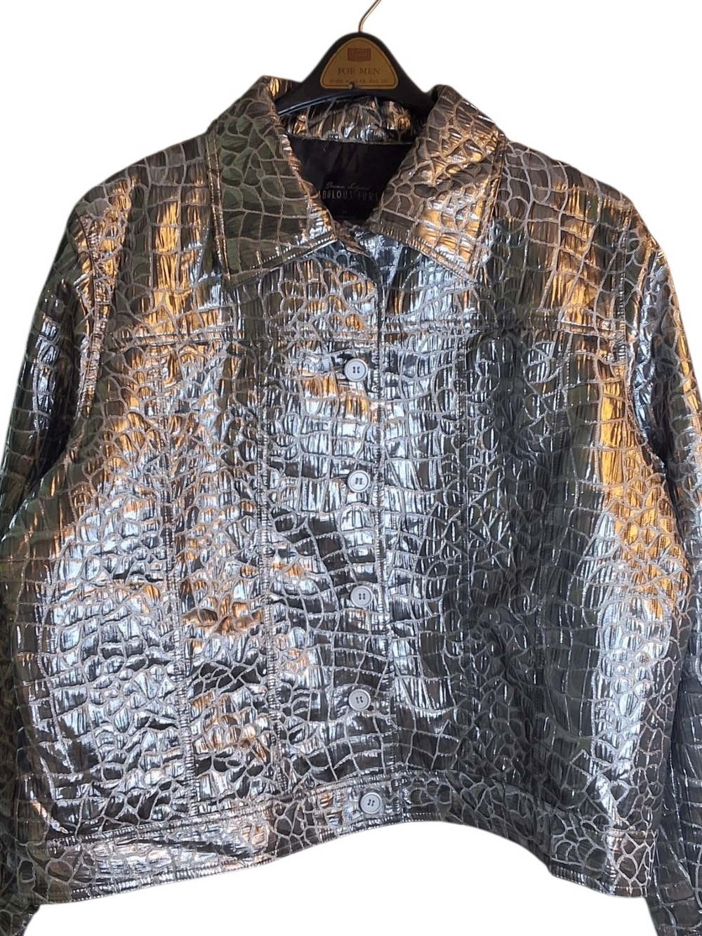 Fabulous Furs Metallic Silver Croc-Embossed Womens Button Jacket 2XL